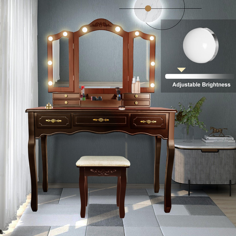 House of Hampton® Vanity Set With 10 Hollywood LED Light Bulbs,Makeup Table With Stool And